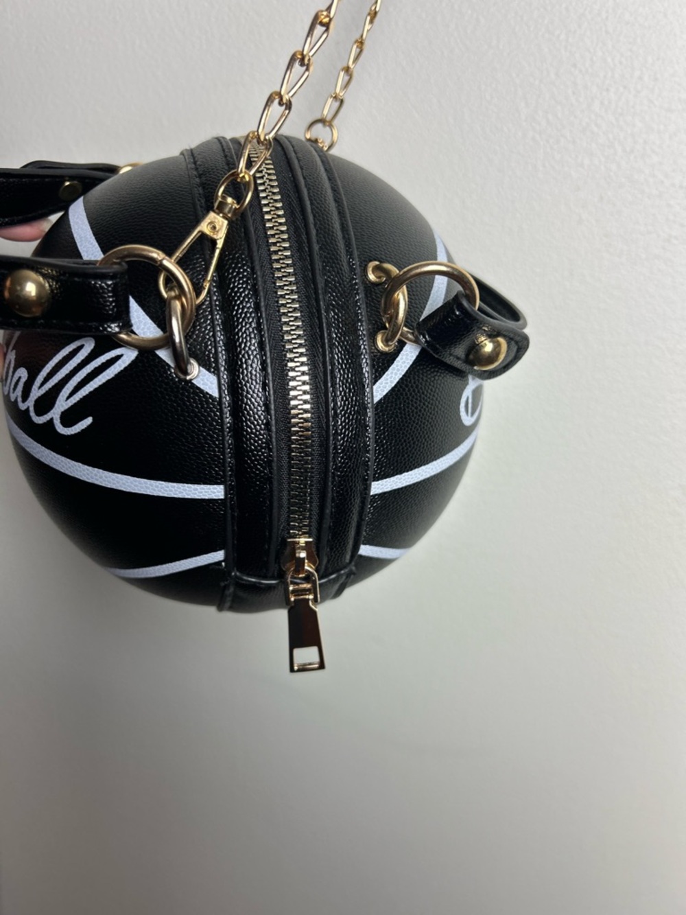 Black 'Basketball' Novelty Crossbody Bag with Gold Chain Strap - Picture 10 of 10